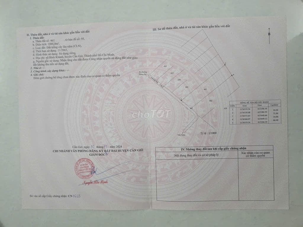 BÁN 1086M2 ĐẤT CÂY LÂU NĂM, ĐƯỜNG BÊ TÔNG 3.4M, XÃ BÌNH KHÁNH 3.5TR/M2