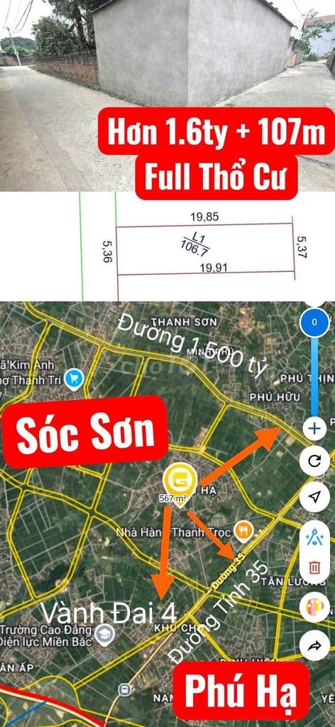 1.6x tỷ lô full thổ cư 107m đất Phú Hạ Kim Anh gần vành đai 4, đường35