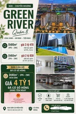 Chính chủ bán CH Green River Dt80m2/ 3PN giá 3tỷ230 view sông quận 8