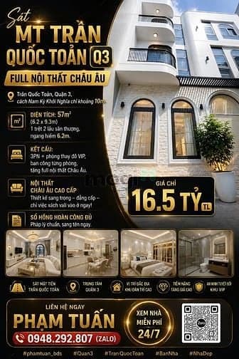Bán nhà kế Mt Trần Quốc Toản Q.3 - 6,2m x 9,3m có nội thất - 16,5 tỷ